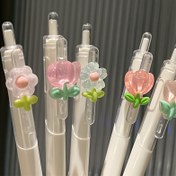 Resim 5 adet Tulip Çiçeği Jeli Tükenmez Kalem, Orta 0.5mm Uç, Hızlı Kuruyan Şeffaf Plastik Gövde, Canlı Çiçek Tasarımları (Pembe, Kırmızı, Şeftali, Yeşil, Mavi), Okul ve Ofis için Pürüzsüz Yazma Deneyimi, Mükemmel Öğrenme Hediyesi, Yazma İçin Kalemler 
