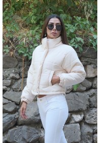 Resim Keyifli Moda Kadın Bej Dik Yaka Çıtçıtlı Fermuarlı Kısa Şişme Mont - 42 Bej 