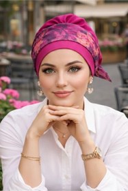 Resim Aişe tesettür Fuşya Çiçek Desen Bantlı Bone 