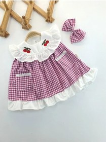 Resim Bilge Trend Kız Bebek Fuşya Pötikareli Kiraz Detaylı Saç Bantlı Elbise Fuşya Beyaz 