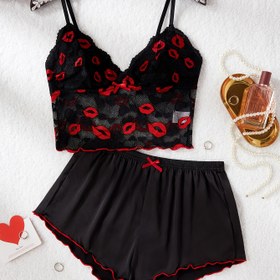 Resim Kadınların Dudak Desenli Dantel Detaylı V Yaka Pijama Takımı, Poliamid Örgü Kumaş, Seksi Stil, Marul Detayı ile, Tüm Mevsimler için Rahat Uyku Giyimi Yetişkinler için 