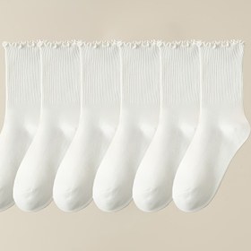 Resim 6 Çift Düz Renk Beyaz Dantel Orta Boy Kadın Çorapları 