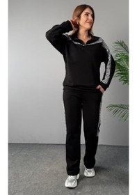 Resim Ge Ticaret Kadın Fermuar Ve Ekose Detay Sweatshirt Ve Pantolon Üç Iplik Kumaş Ikili Takım Siyah 