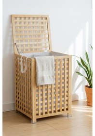 Resim Digithome Bambu Bölmeli Çamaşır Sepeti 62x45 Cm Kulplu Taşınabilir Bezli Kahverengi 