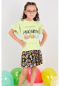 Resim Hçm Kız Çocuk Tshirt Etek Takım Makaron Baskılı B23 Yeşil 