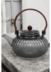 Resim Morponi Borosilikat Cam Bambu Saplı Cam Süzgeçli Ve Cam Kapaklı Bitki Çayı Demliği 800 Ml Füme Füme 