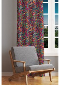 Resim Renkli Küçük Kare Desenli Süet Oturma Odası Salon Fon Perde Baskılı Ekstrafor Büzgü Tek Kanat Çok Renkli 