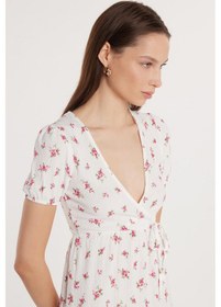 Resim Tudors Kadın Slim Fit Dar Kesim Kısa Kollu Baskılı Gofre V Yaka Beyaz Elbise-33538 Beyaz - Pembe 