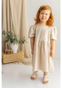 Resim Oliventhekid Bej Keten Bisiklet Yaka Büzgü Kol Kalp Taş Işlemeli Sırtı Düğmeli Kız Çocuk Elbise Bej Bej 