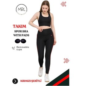 Resim Missmaral Kadın Spor Takım Yüksek Bel Tayt Pedli Büstiyer Sport Team High Waist Padded Bustier Black 3042 Siyah Kırmızı 