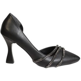 Resim Yazkış Kadın Siyah Beyaz Cilt 9cm Şamdan Topuklu Üzeri Taşı Yanı Açık Düğün Nişan Abiye Ayakkabı 001 