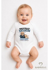 Resim Babyden's Huysuz Dedem Baskılı Unisex Bebek Body %100 Pamuk Yenidoğan Zıbın, Uzun Kol Çıtçıtlı Bebek Badi Beyaz 