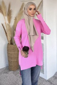 Resim Gülseli Bisiklet Yaka Tesettür Triko Tunik Pembe TZL-P-00020375 