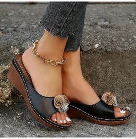 Resim Siyah Kadın Çiçek Dekor Topuklu Sandalet Peep Toe Slip On Yaz Ayakkabı, Rahat Yumuşak Taban Dış Mekan Slayt Sandalet Siyah 