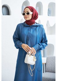 Resim Neways 6643 Kapüşonlu Tesettür Elbise Koyu Mavi 