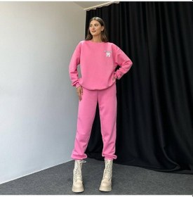 Resim M Melbourne Eşofman Takımı Sweatshirt Jogger - Pembe Baskılı Oversize Şardonlu Bisiklet Yaka Pembe 