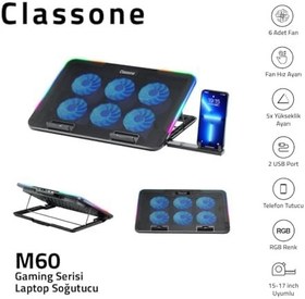Resim Classone Gaming M60 Laptop Soğutucu, Notebook Stand,10 RGB ışık kontrolü, 15.6-17 inch, Hız kontrolü, 6 Büyük fan,Telefon standı, 2 USB 