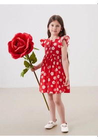 Resim Lcw Kids Bisiklet Yaka Kız Çocuk Poplin Elbise Kırmızı Baskılı 