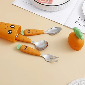 Resim 1 set Yaratıcı Karikatür Havuç Sofra Takımı, Saplı Çocuk Çatal Kaşık, Taşınabilir Çocuk Sofrası, Küçük Çocuklar için 