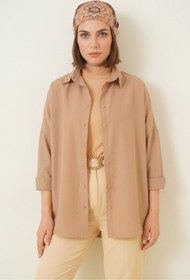 Resim MORADO SE SIENTE PERFECTO Kadın Oversize Kesim Basic Pamuklu Camel Tesettür Gömlek 