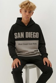 Resim Erkek Çocuk Kapüşonlu Baskı Detaylı Parçalı Sweatshirt - Turuncu / 10-11 Yaş 