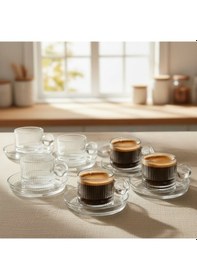 Resim Line Çizgi Desen Cam 6 Kişilik Tabaklı Duble Türk Kahvesi Espresso Fincan Seti - 6 X 100 Ml Şeffaf 