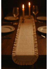 Resim Fırfırlı Masa Runner 145x40 Cm Şık Dekoratif Masa Örtüsü Krem 