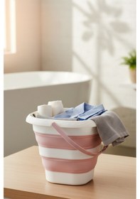 Resim Snippy Accord - Kare Silikon Katlanabilir Çamaşır Sepeti - Akordiyon Katlanır Sepet Kirli Sepeti Kare 10 Lt Beyaz - Pembe 