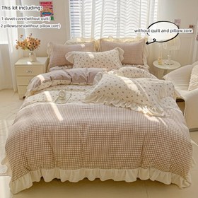 Resim 3 adet Dantel Kenarlı Çift Plaid Yatak Takımı - Yorgan Kılıfı ve Yastık Kılıfları (İçerik Yok) - Polyester, Tüm Mevsimler, Fermuar Kapatma, Hafif 120g Kumaş - Şık Yatak Odası Dekoru İçin Mükemmel, Tüm Mevsimler Yatak Takımı | Çizgili Desen | Polyester Kumaş 