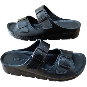Resim Castle Black 20317 Kadın Hakiki Deri İki Tokalı Comfort Terlik Siyah Siyah 