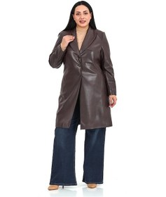 Resim Büyük Beden Cepli Düğme Kapamalı Astarlı Suni Deri Koyu Kahverengi Kaban Koyu Kahverengi 