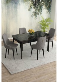 Resim Meri Serisi 80x132 Açılabilir Mdf Siyah Mermer Desen Masa Takımı 4 Lacivert Sandalye Gri 