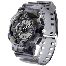 Resim Sanda 5318 Led Aydınlık Ekran & Kronometre & Alarm & Tarih Ve Hafta Fonksiyonu Plastik Bantlı Erkek Kuvars Dijital Çift Mekanizmalı Saat Kamuflaj Gri Çok Renkli 