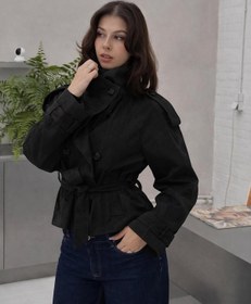 Resim Avakado Dik Yaka Kemerli Siyah Trençkot 