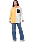 Resim Büyük Beden Gömlek Yaka Üç Renkli Tek Cepli Sarı Gömlek 