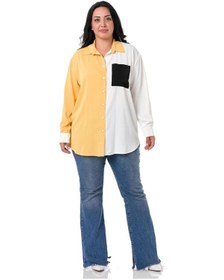 Resim Büyük Beden Gömlek Yaka Üç Renkli Tek Cepli Sarı Gömlek 