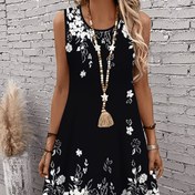 Resim Kadınların Büyük Bedenli Çiçek Desenli Kolsuz A-Kollu Tank Elbise - Siyah ve Beyaz Çiçek Desenli Rahat Yaz ve İlkbahar Y-Boyunlu Elbise, Hafif Polyester Kumaş, Sıcak Hava veya Özel Olaylar için Mükemmel, Rahat Yaz Elbisesi | Çiçek Desenli Elbise | A-Kollu Silüet, Büyük Beden Elbise 