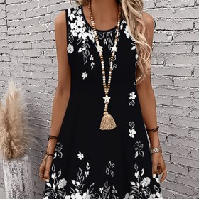 Resim Kadınların Büyük Bedenli Çiçek Desenli Kolsuz A-Kollu Tank Elbise - Siyah ve Beyaz Çiçek Desenli Rahat Yaz ve İlkbahar Y-Boyunlu Elbise, Hafif Polyester Kumaş, Sıcak Hava veya Özel Olaylar için Mükemmel, Rahat Yaz Elbisesi | Çiçek Desenli Elbise | A-Kollu Silüet, Büyük Beden Elbise 