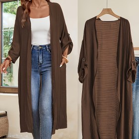Resim Kadınların Şık Uzun Hırkası - Açık Ön, Düğme Detaylı, Esnemez Polyester Kumaş, Kahverengi, İlkbahar için Mükemmel, Günlük veya Şık Kıyafetler için Uygun, Hafif Hırka 