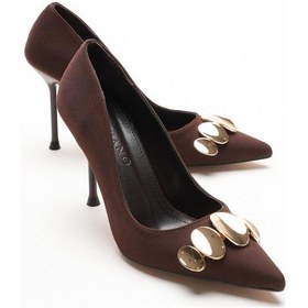 Resim Aveline Kadın Kahve Nubuk Gold Aksesuarlı Sivri Burunlu Yüksek İnce Topuklu Stiletto Ayakkabı 9.5 Cm Kahverengi 