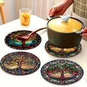 Resim 4 Adet Yaşam Ağacı Mandala Ahşap Trivet Placemat - Mutfak, Tezgahlar için Isıya Dayanıklı Tencere Altlıkları, Çok Amaçlı Kaymaz Bardak Altlığı Seti, Ev, Ofis ve Arkadaşlar & Aile İçin Parti Hediyesi Olarak Uygun 