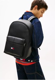 Resim Tommy Hilfiger Erkek Küçük Bölme Fermuar Kapama Deri Sırt Askılı Siyah Sırt Çantası 