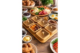 Resim Feyza Design Bambu Ahşap 6'lı Kapaklı Kahvaltılık ve Çerezlik Seti, Tepsili Sunum 