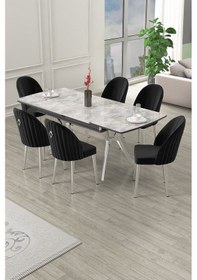 Resim Canisa Sim Serisi 89x150 Açılabilir Lak Panel Rampla Gri Masa Takımı 6 Siyah Sandalye Beyaz Mermer Desen Masa Sandalyeler Siyah 