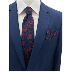Resim Brianze Lacivert Kırmızı Motif Desen Kravat Mendil Set Lacivert 