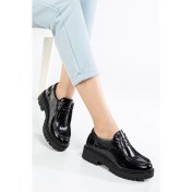 Resim Analin Shoes Kadın Deri Kalın Taban Bağcıklı Oxford Ayakkabı - Siyah Rugan 