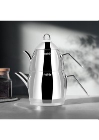 Resim Nehirr Florina Midi Çelik Çaydanlık Takımı - Gri - 1,5 Lt + 1 Lt Renkli 