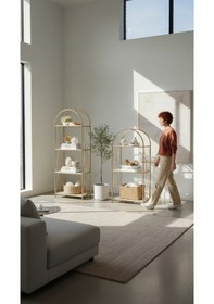 Resim İkili Dekoratif Raf Mobilya Kitaplık Dekoratif Metal Mobilya Gold 4 Raflı Kitaplık Altın 