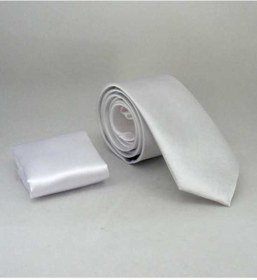 Resim Gaffy Beyaz Slim Fit İnce Düz Renk Mendilli Saten Kravat - SS-12 Beyaz 