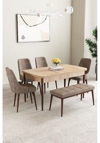 Resim Mabel Meşe Desen 80x132 Açılabilir Yemek Odası Takımı 4 Sandalye, 1 Bench Cappucino 